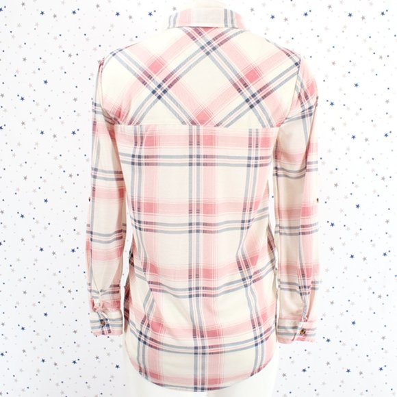 Knit Plaid Button Up Shirt Hi Lo Hem Ivory Coral Blue - Picture 7 of 8